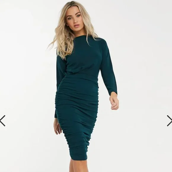 ax paris green ruched dress Green Sequin Ruched Side Split Leg Midi Dress – AX Paris main image 1
